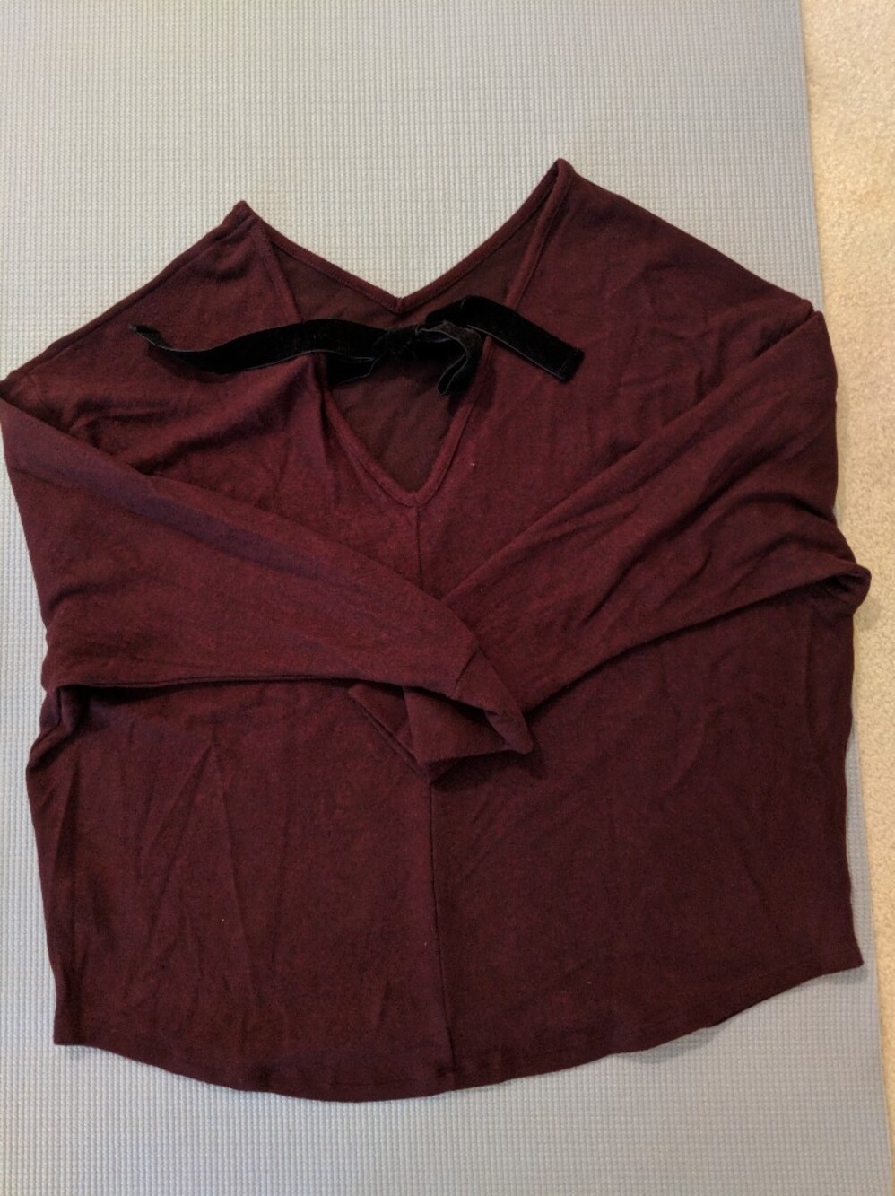 Boat Neck Velvet Tie Long Sleeve Top — Burgundy